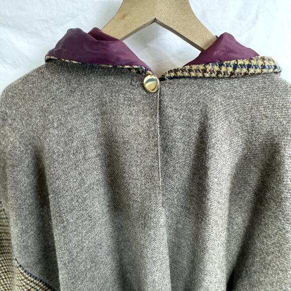 Vtg Wool Keyhole Neck Fringe Hem Pullover Hooded Cape Poncho Gray Women One Size - Picture 4 of 10